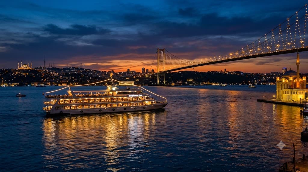 Bosphorus dinner cruise boat sailing at night with the illuminated Bosphorus Bridge and Istanbul skyline in the background